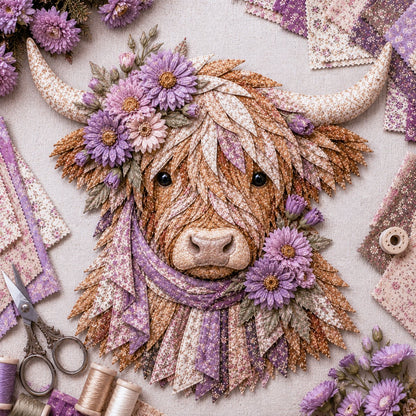 🐮💐🌸 Birth Flower Highland Cow 3D Layered Fabric Art DIY Kit (Beginner-friendly)