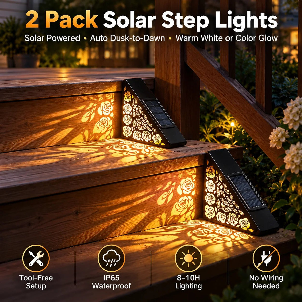 Solar step lights lighting outdoor steps at night