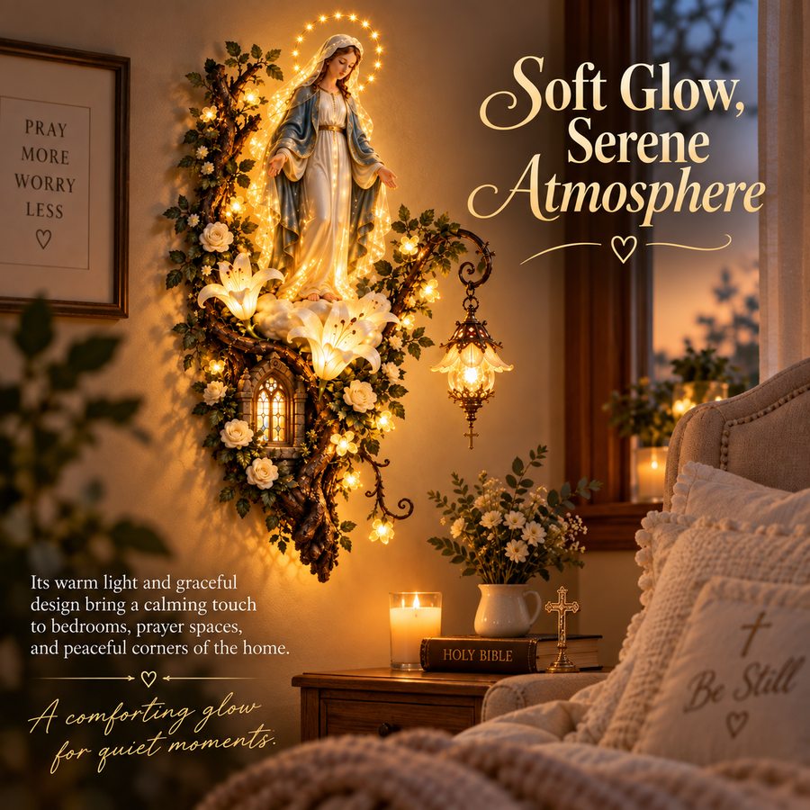 Blessed Mother illuminated wall decor after dark