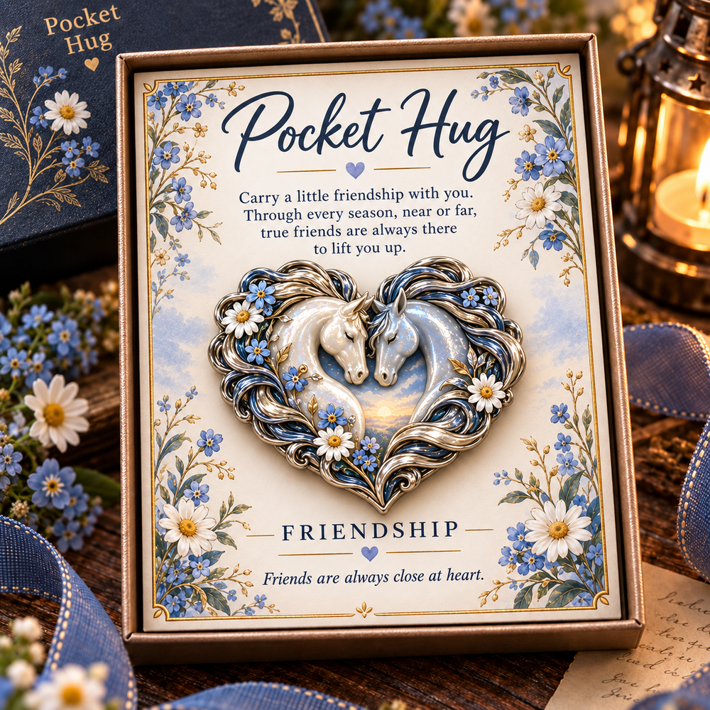 Friendship Pocket Hug with two horses forming a heart, blue flowers and a coordinating message card in a warm wooden-table setting