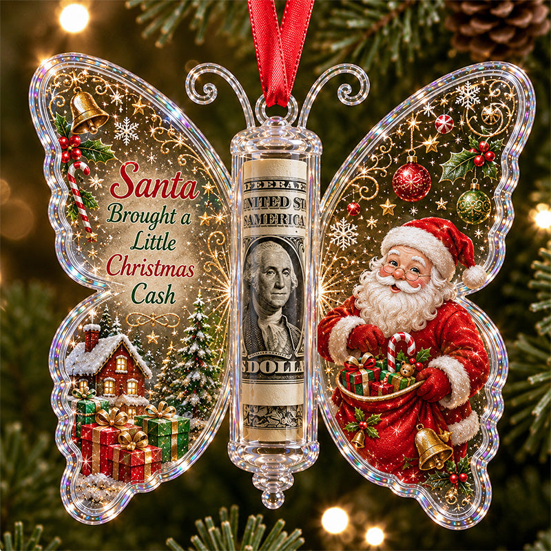 Santa Christmas Cash Gift Butterfly Ornament hanging on a Christmas tree