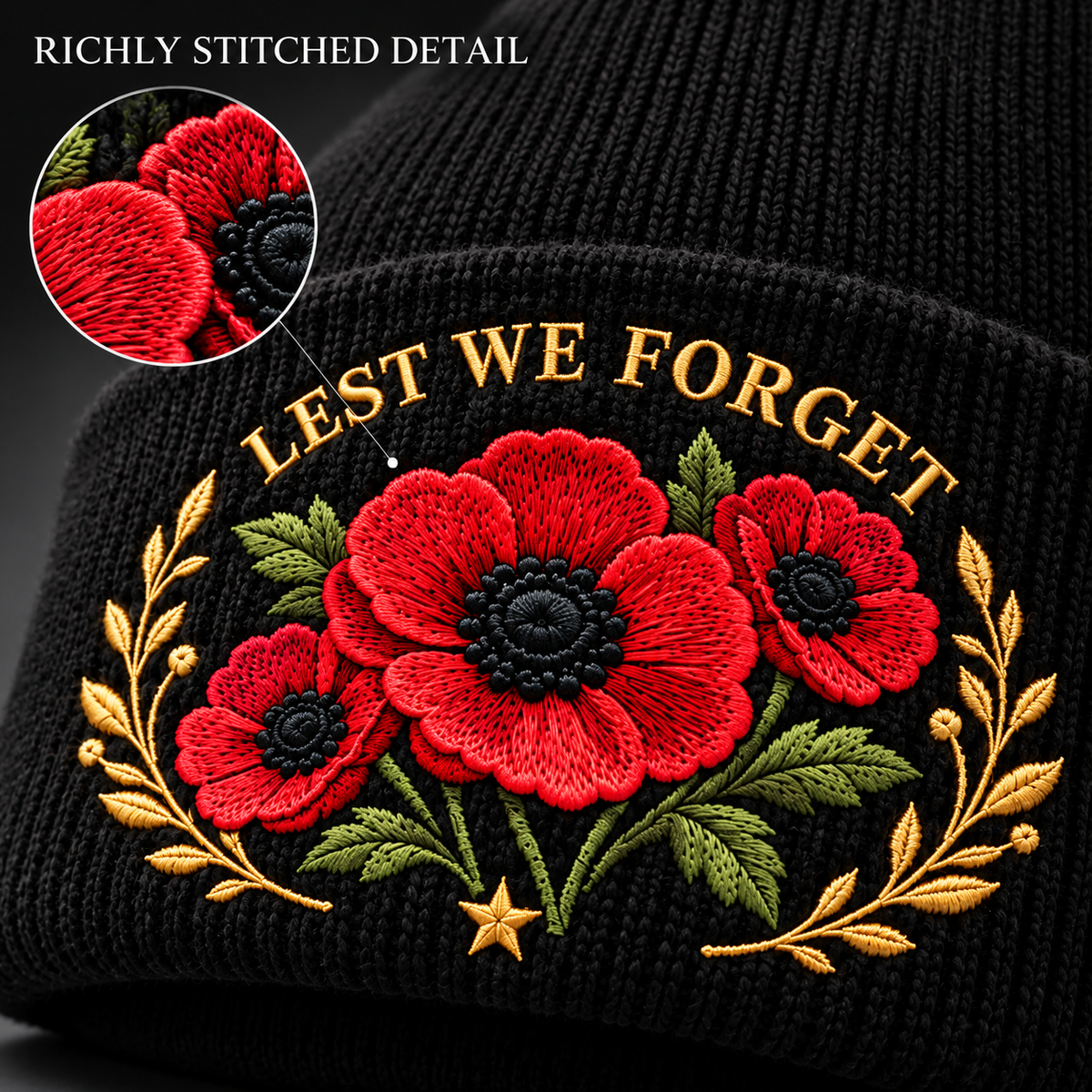 'Lest We Forget' Poppy Embroidered Beanie