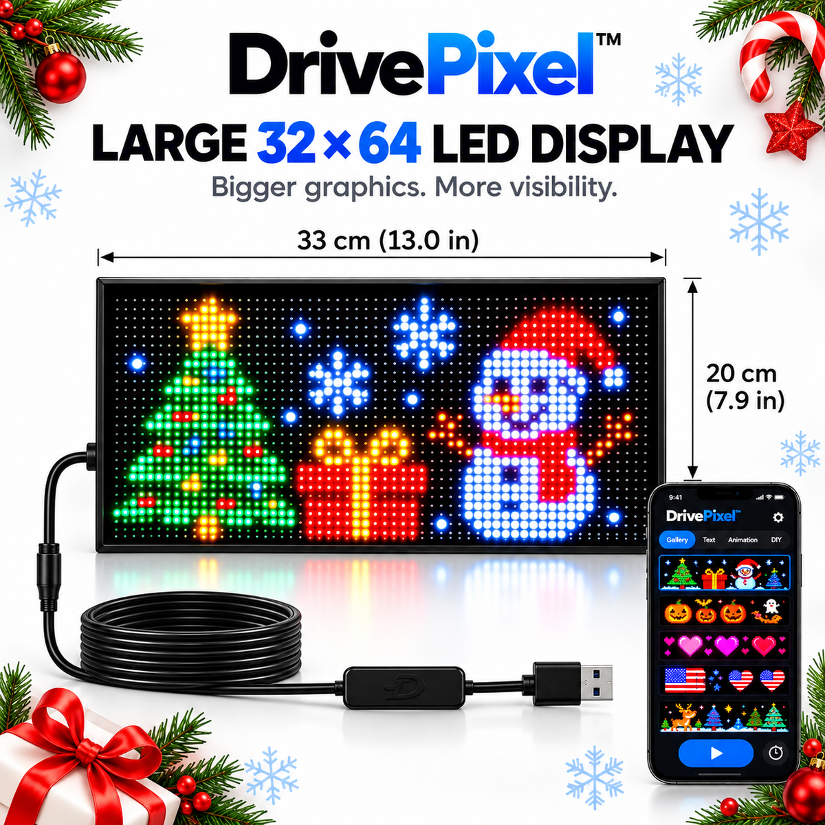 🎄 DrivePixel™ Smart LED Car Window Display | App-Controlled Animated Pixel Screen