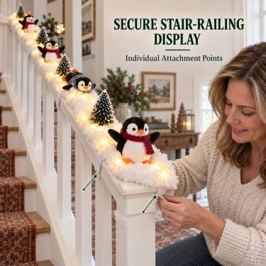 Penguin Christmas decor in home staircase