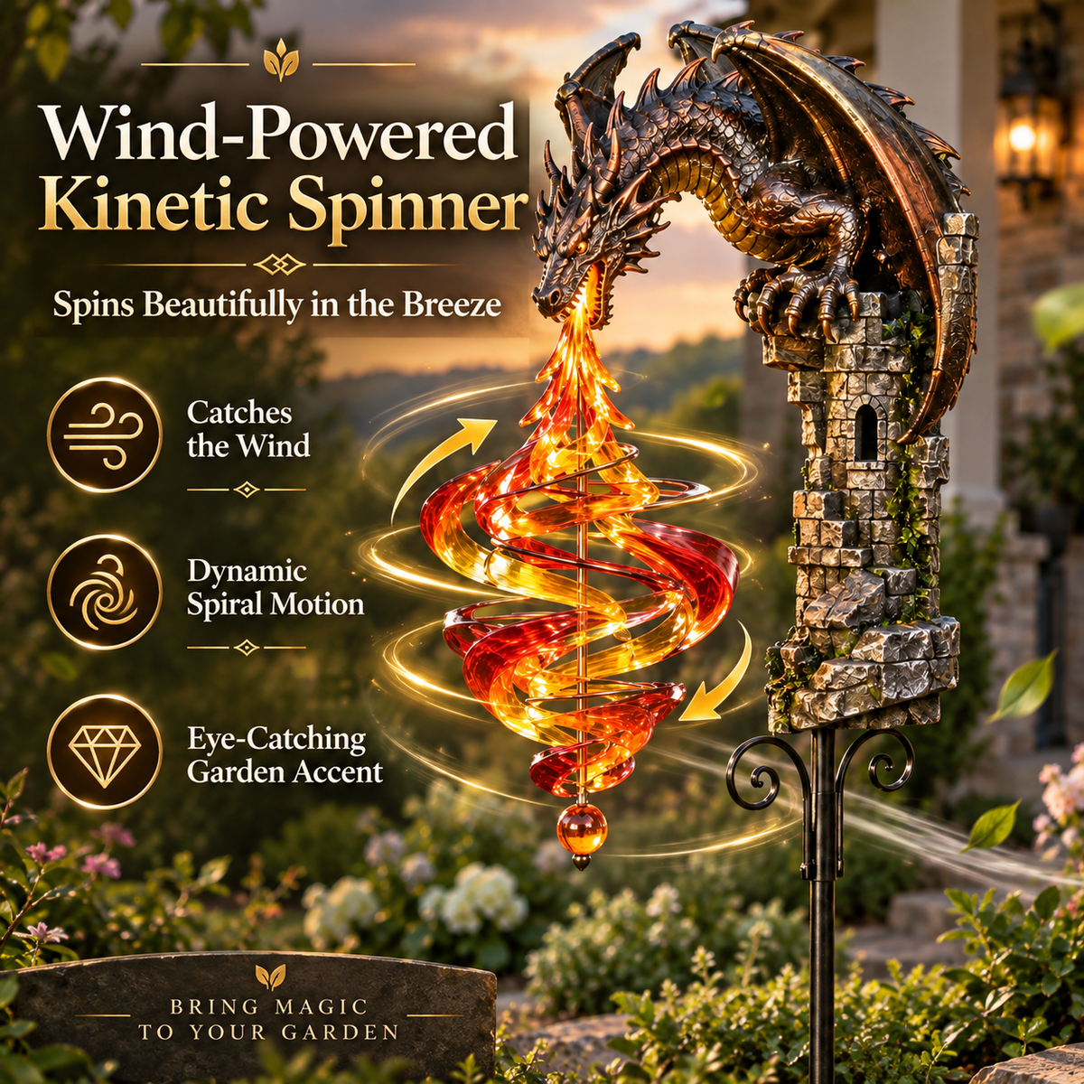 Mythic wind-powered kinetic garden spinner