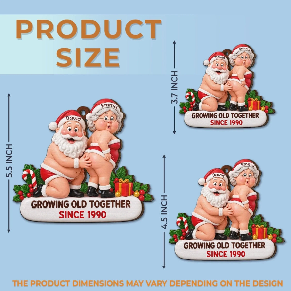 Personalized wooden ornament size options 3.7 4.5 and 5.5 inches