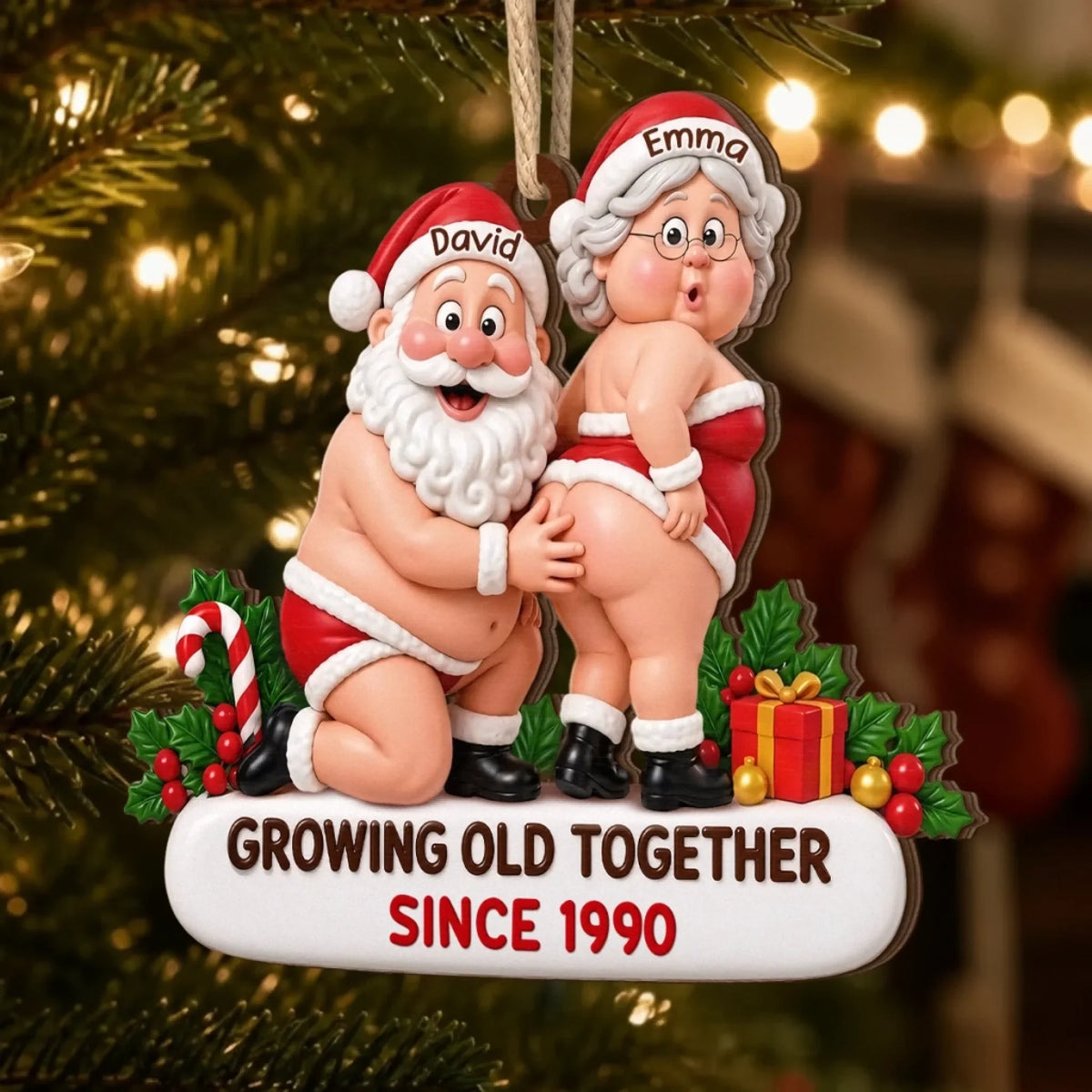 Personalized funny couple ornament hanging on Christmas tree