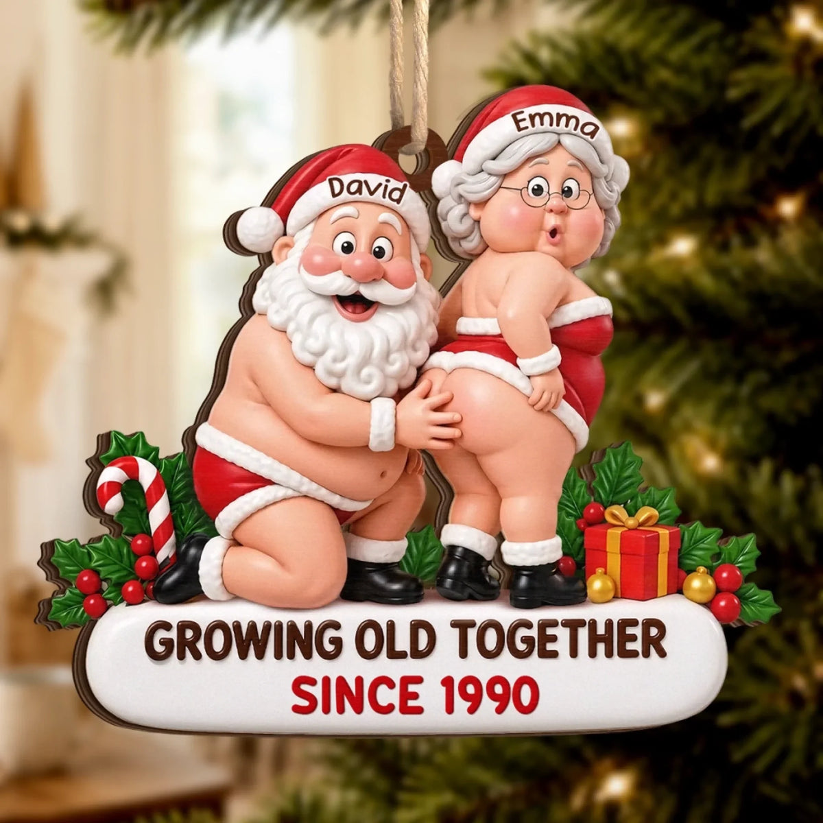 Personalized Growing Old Together funny couple Christmas wooden ornament