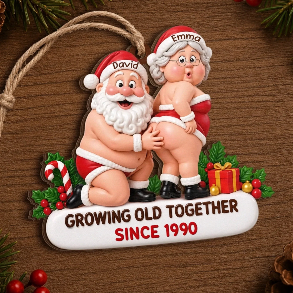 Personalized couple wooden Christmas ornament with custom names and year