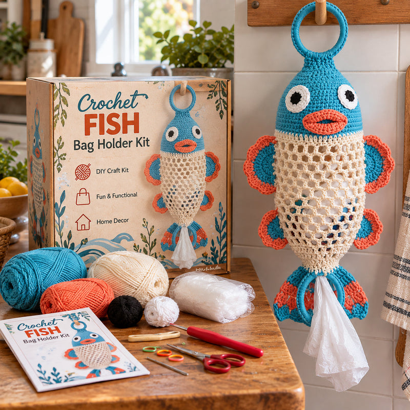 Fish crochet bag holder DIY kit with blue and coral fins