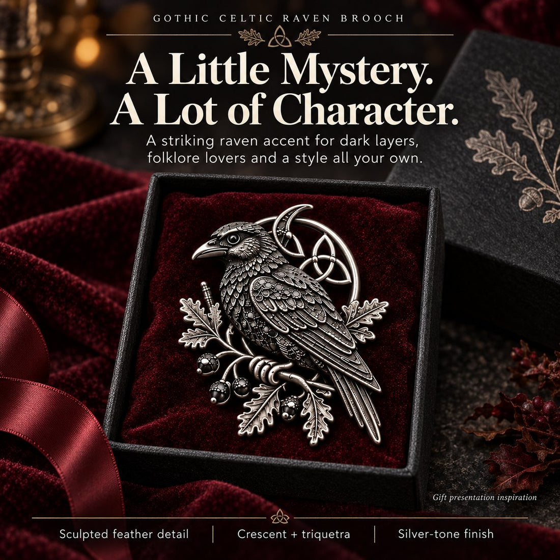 Gothic Celtic raven statement brooch