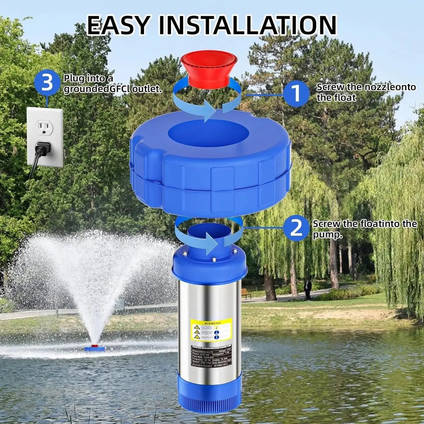 Pond Fountain Aerator  1HP 110V 750W 15000 GPH Floating Fountain Pump with 100 FT Power Cord  2 x 100 FT Rope Timer  Fully Automatic Powerful Aerating Fountain for Larger Ponds, Lakes