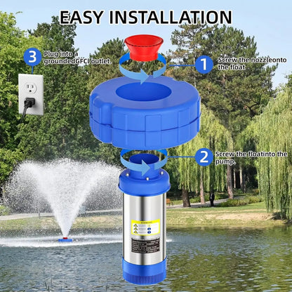 Pond Fountain Aerator  1HP 110V 750W 15000 GPH Floating Fountain Pump with 100 FT Power Cord  2 x 100 FT Rope Timer  Fully Automatic Powerful Aerating Fountain for Larger Ponds, Lakes