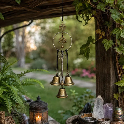 🌙 Vintage Witch Bells – Pentagram & Key Hanging Door Chime 🔔