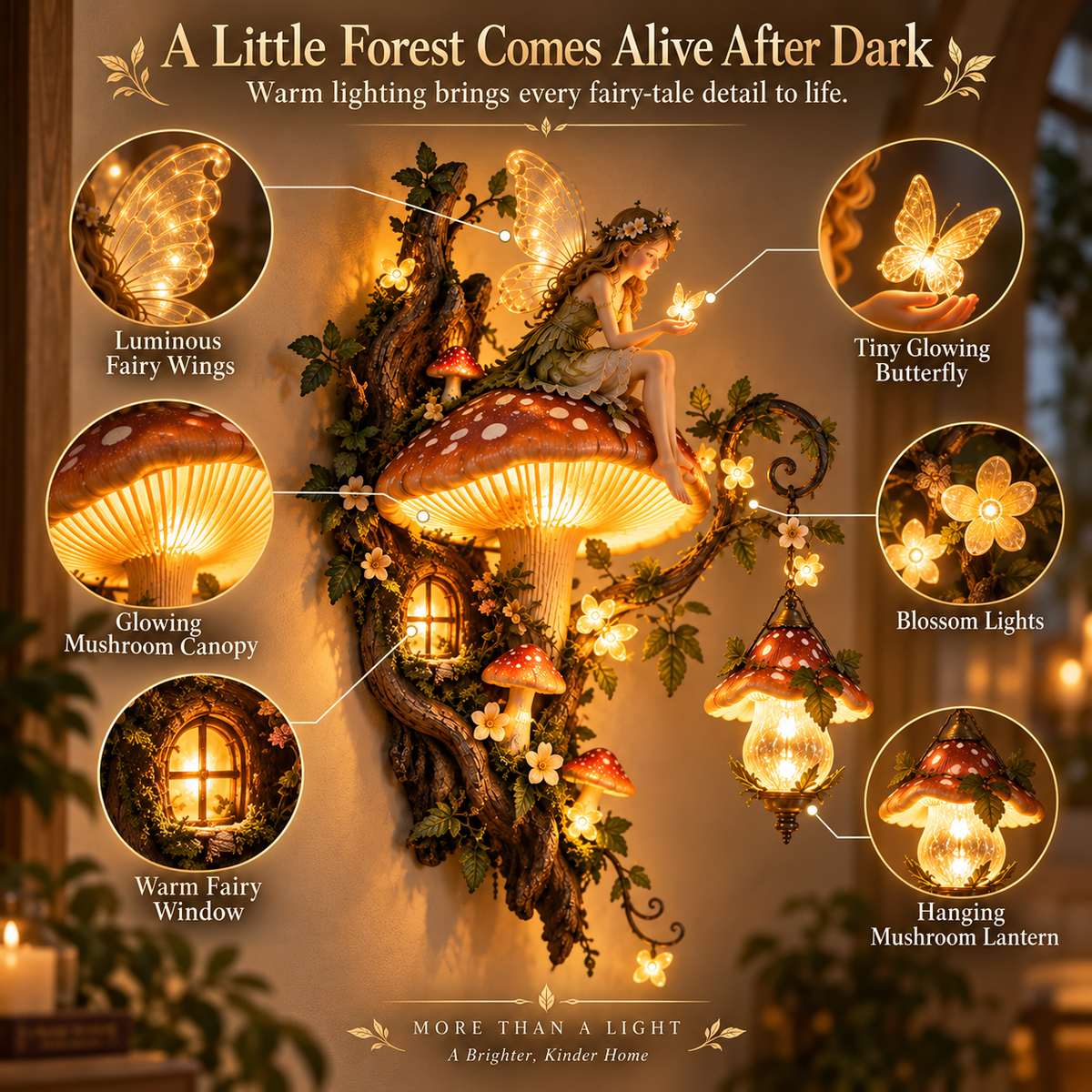 Fairy mushroom wall light glowing after dark