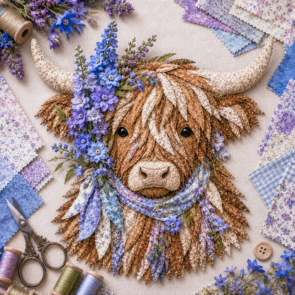 🐮💐🌸 Birth Flower Highland Cow 3D Layered Fabric Art DIY Kit (Beginner-friendly)