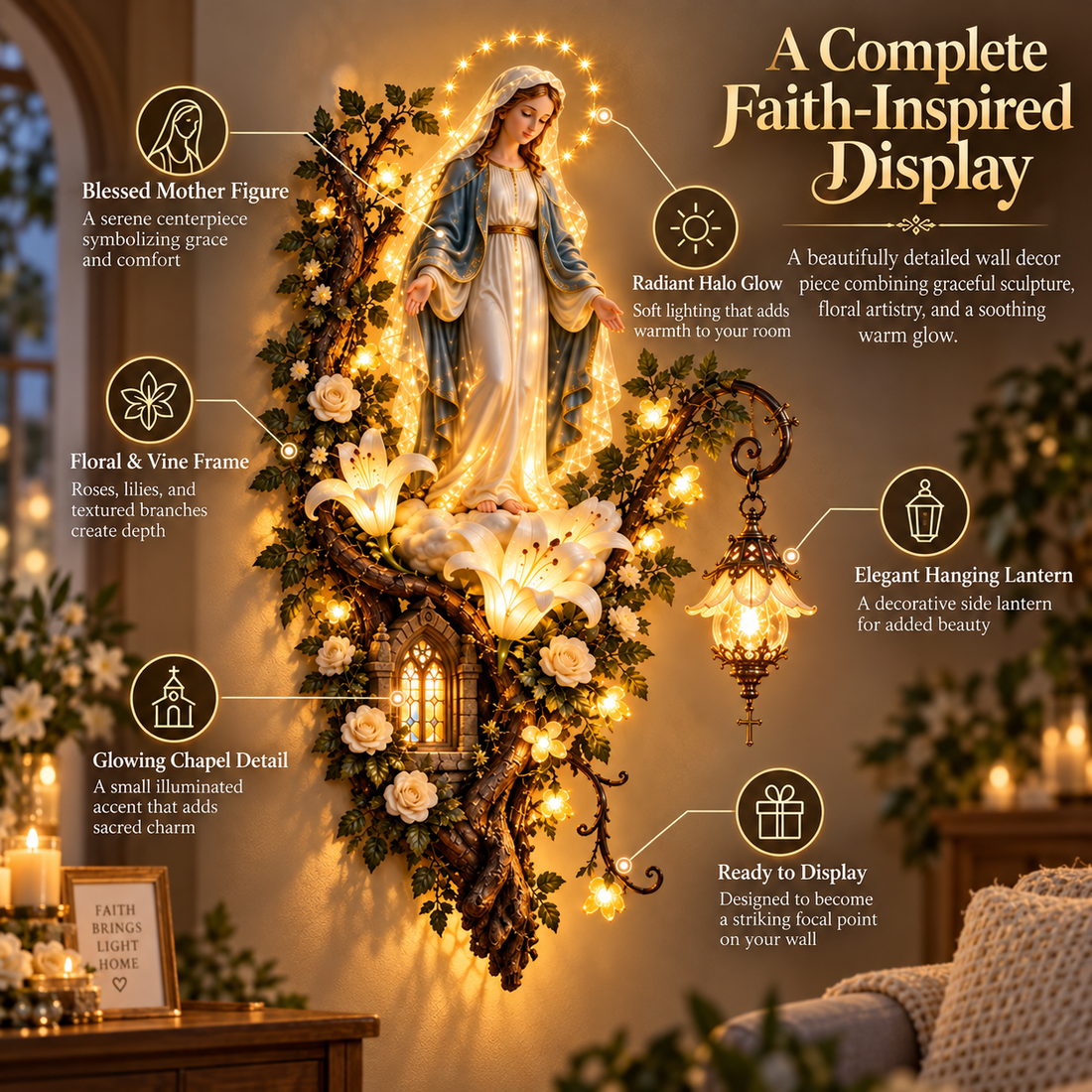 Blessed Mother wall decor displayed in a real home