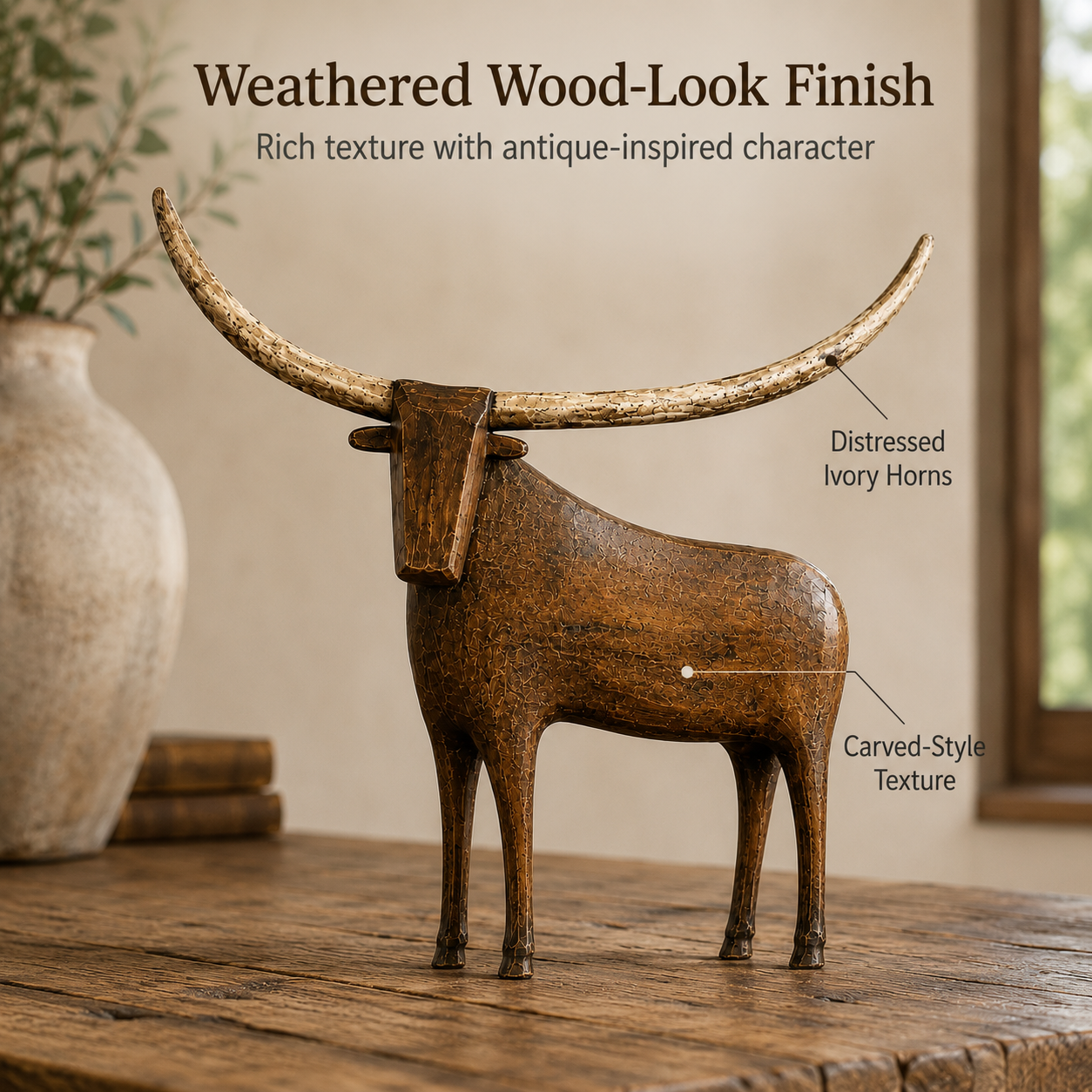 🐂 Vintage Longhorn Sculpture – Antique-Inspired Western Home Accent