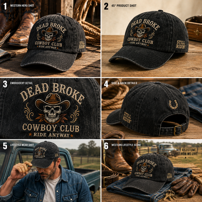 🤠 Dead Broke Cowboy Club Vintage Western Cap — Embroidered Washed Baseball Hat