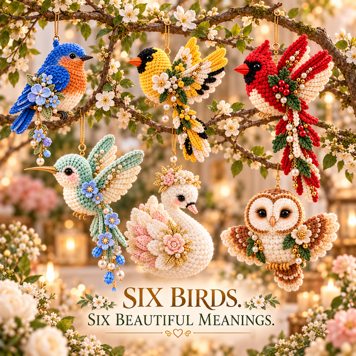 Six ornate crochet birds with delicate flowers and hanging charms displayed on blossom-filled branches