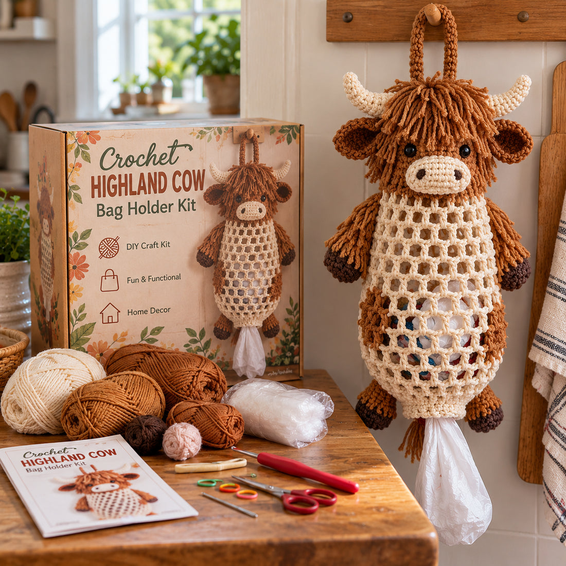 Crochet animal bag holder in use