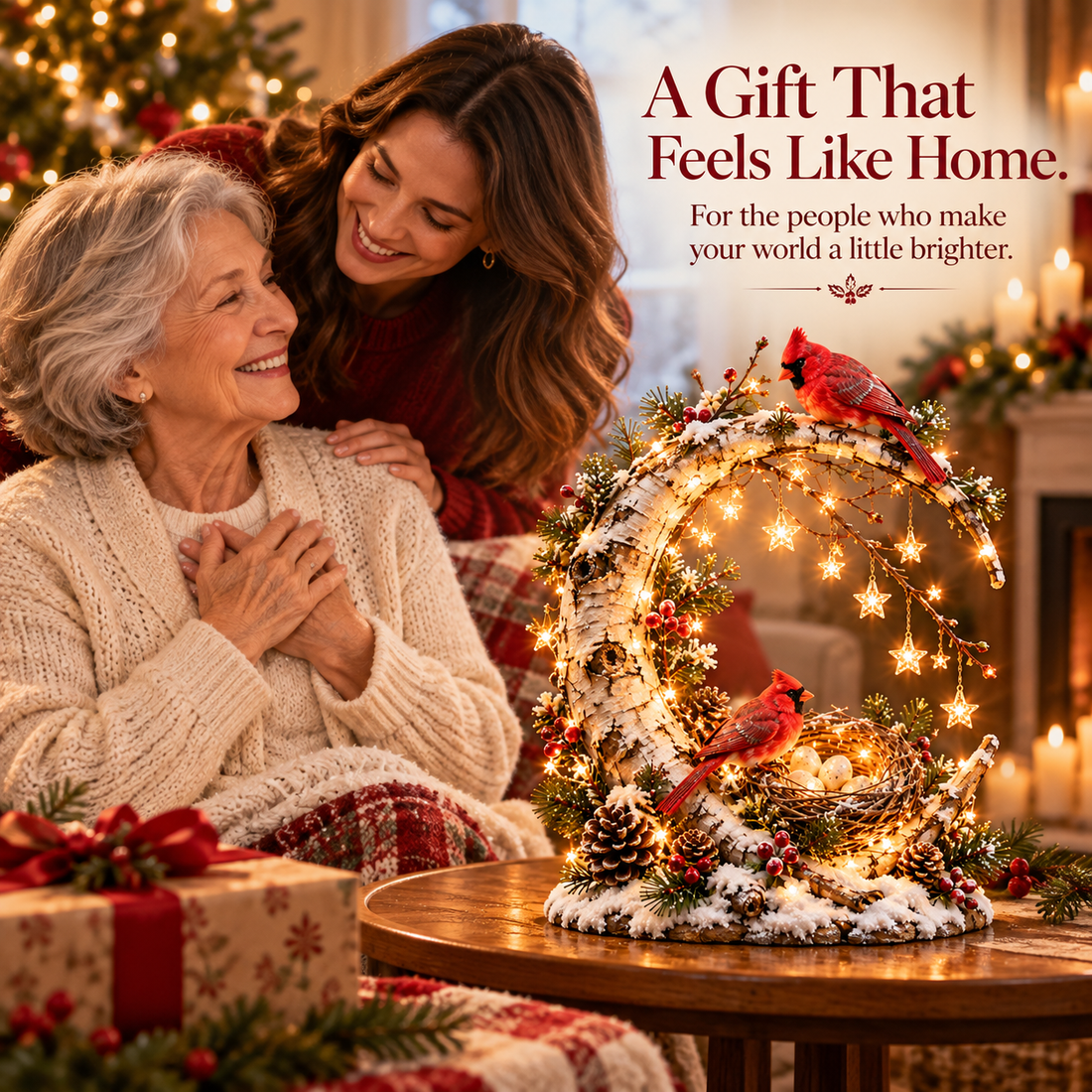 A woman shares a warm gifting moment with her mother beside a glowing cardinal crescent decoration