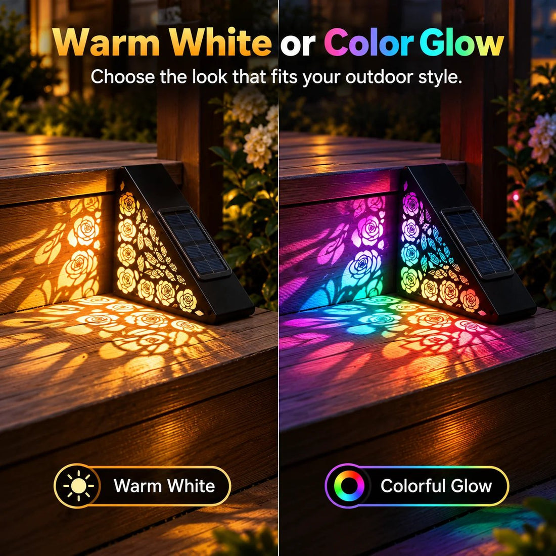 Solar lighting on porch deck and outdoor steps