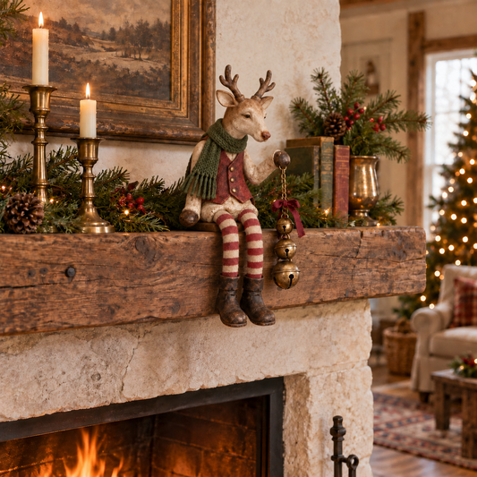 🦌 Gentle Old Reindeer Christmas Shelf Sitter – Vintage Farmhouse Mantel Decor