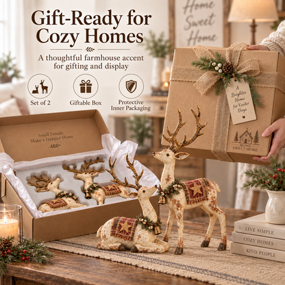 🦌✨ Rustic Farmhouse Reindeer Figurine Set 🎄🤎