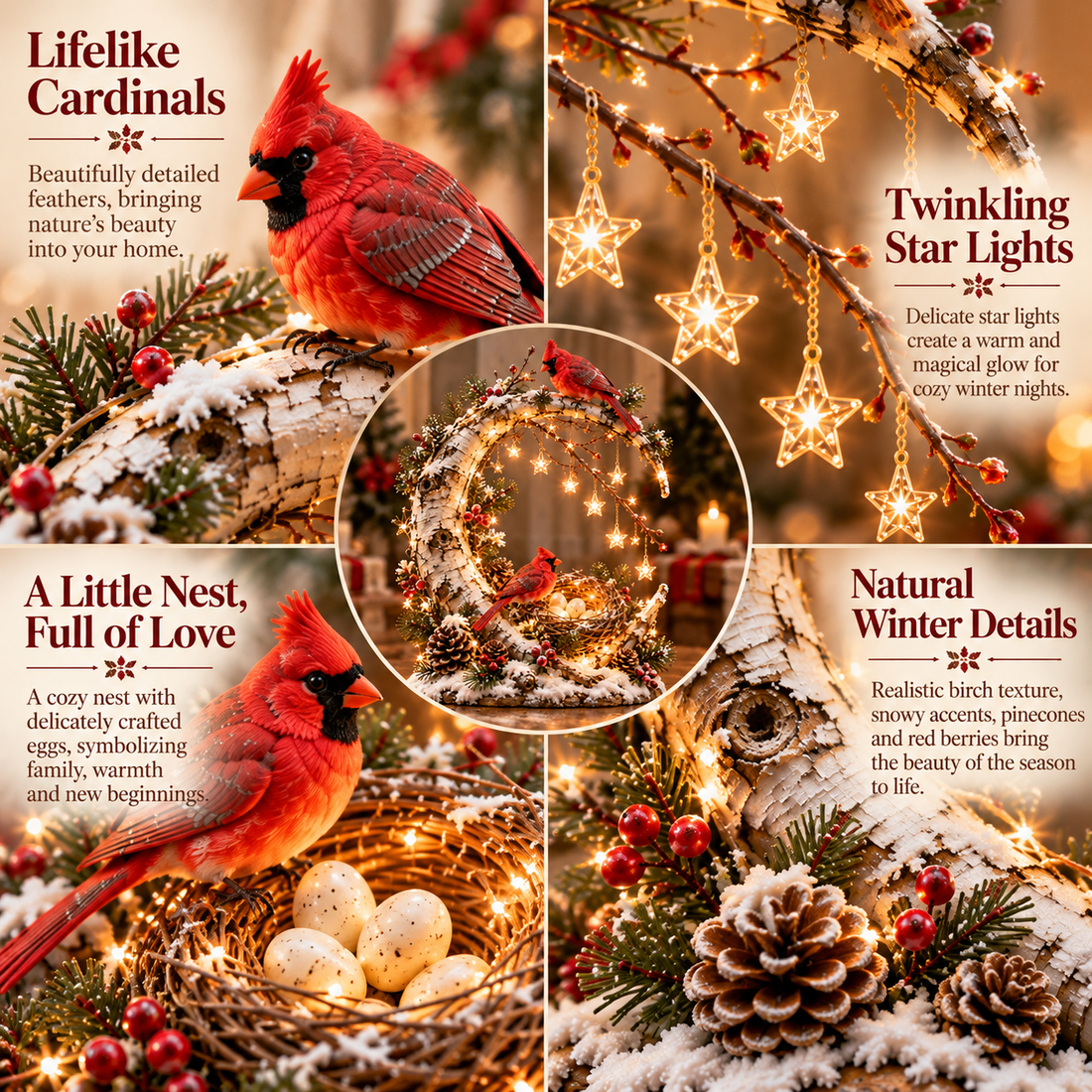Close-up views of the red cardinals, illuminated stars, bird nest and birch-inspired details
