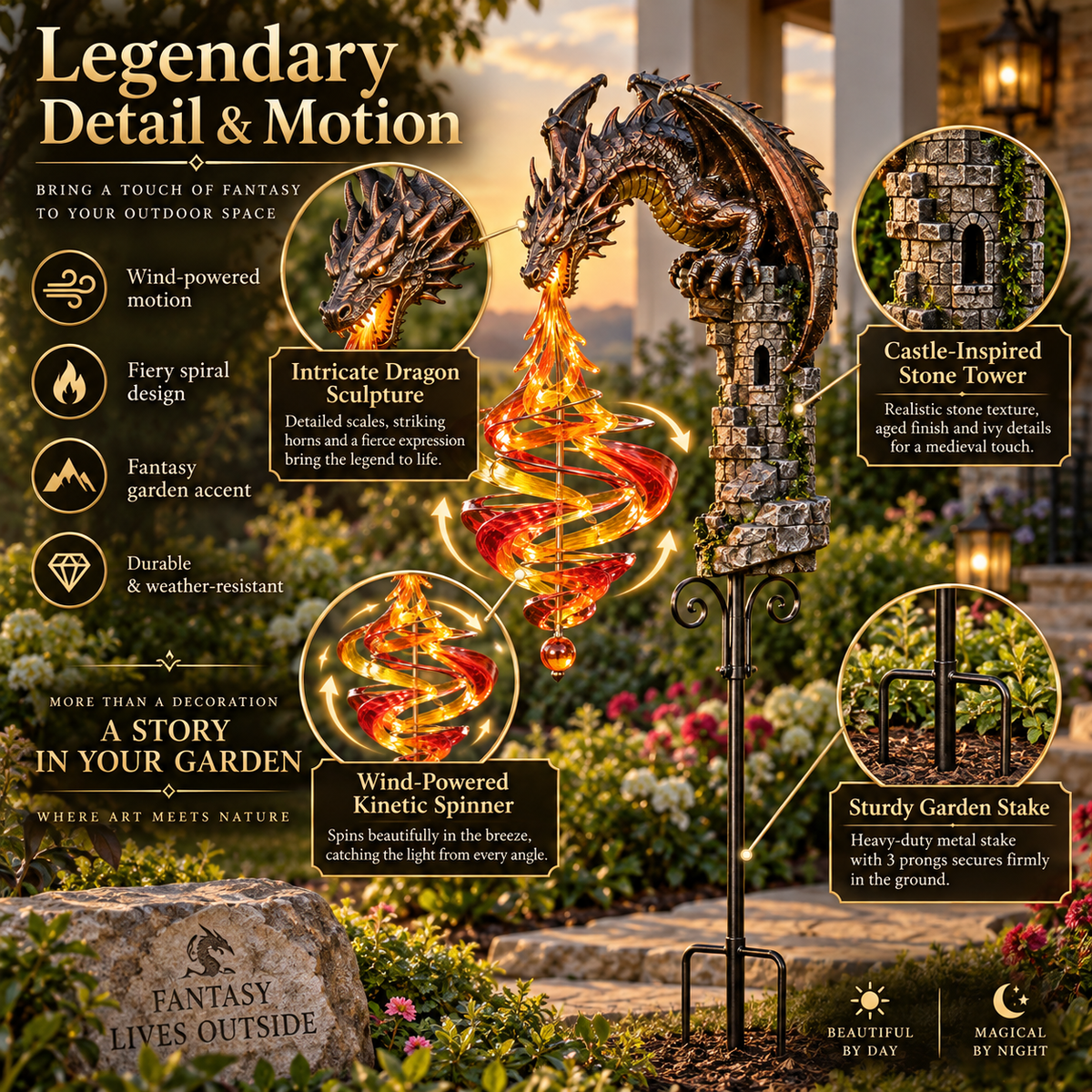 Fiery illuminated dragon wind spinner detail