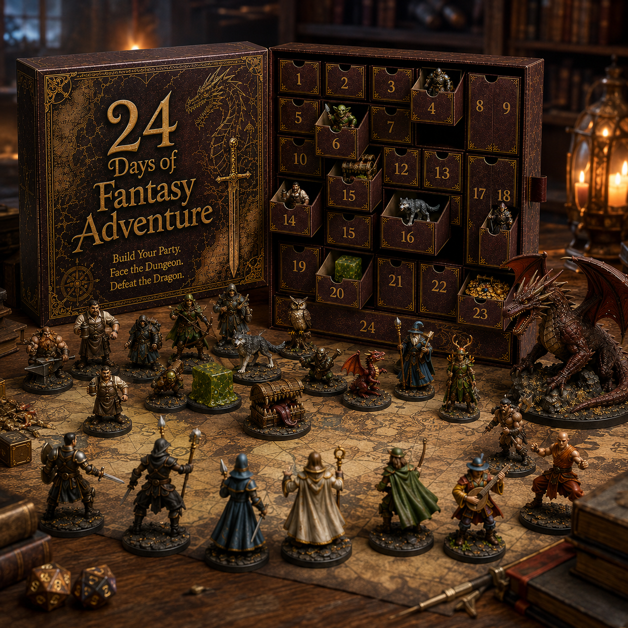 Fantasy miniatures arranged as a tabletop adventure scene