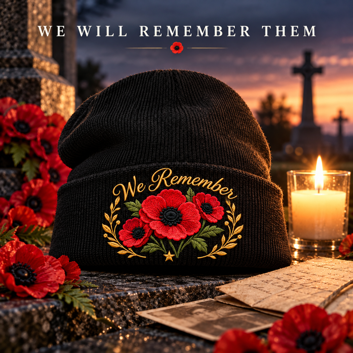 'Lest We Forget' Poppy Embroidered Beanie