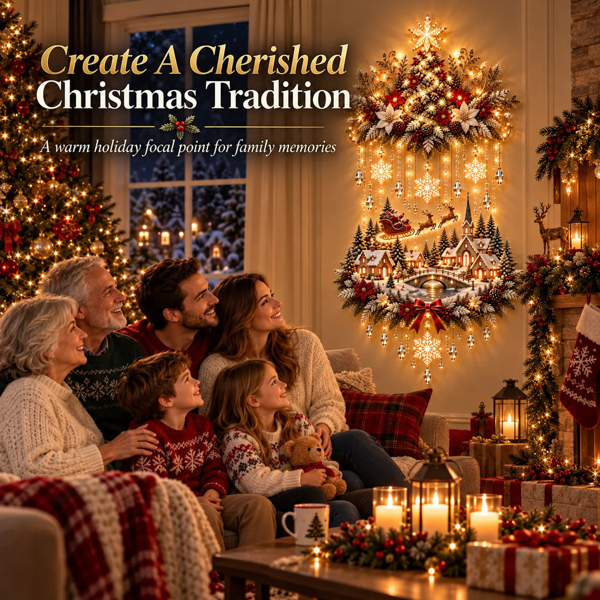 Family enjoying Christmas wall display