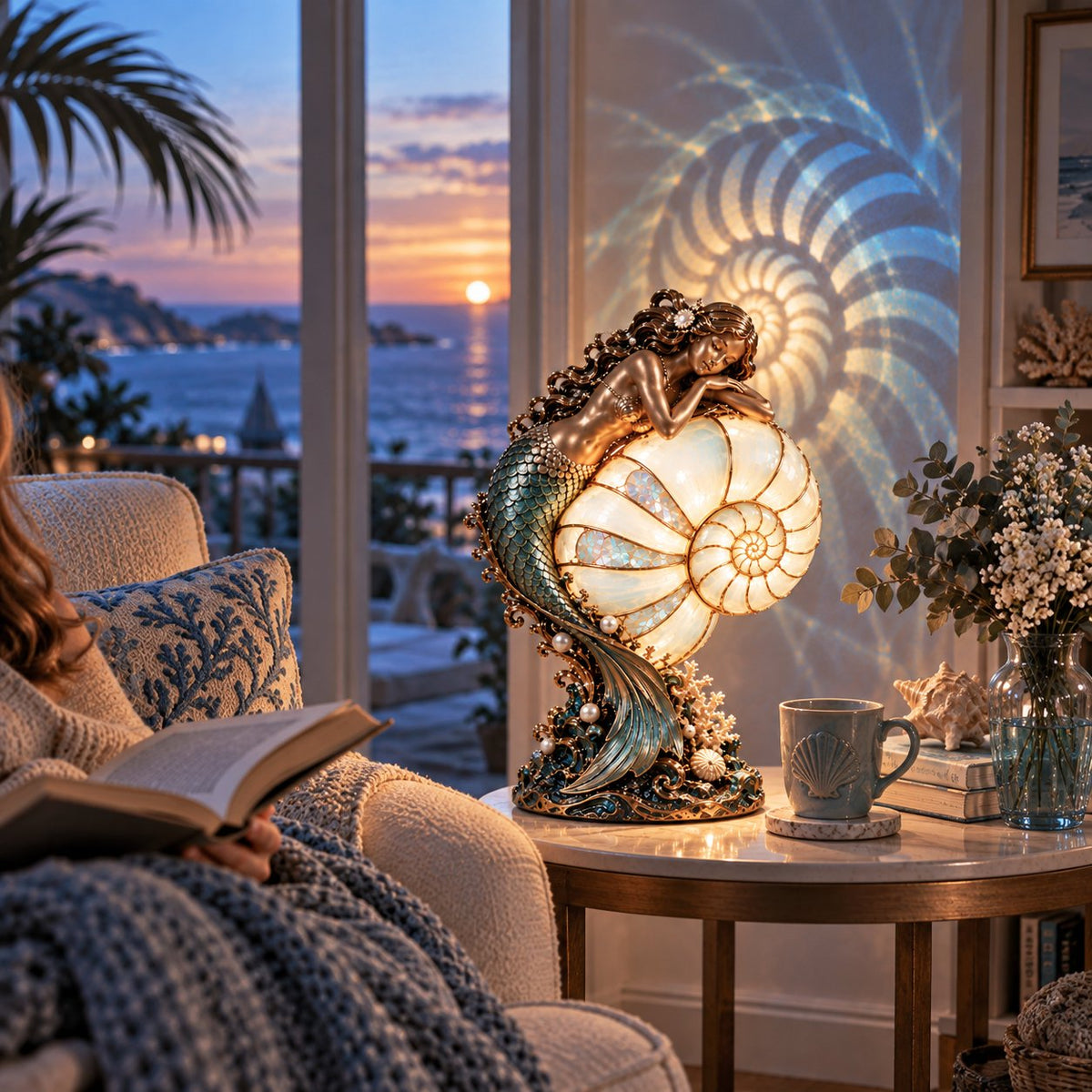 Mermaid Nautilus Lamp beside a reading chair at sunset