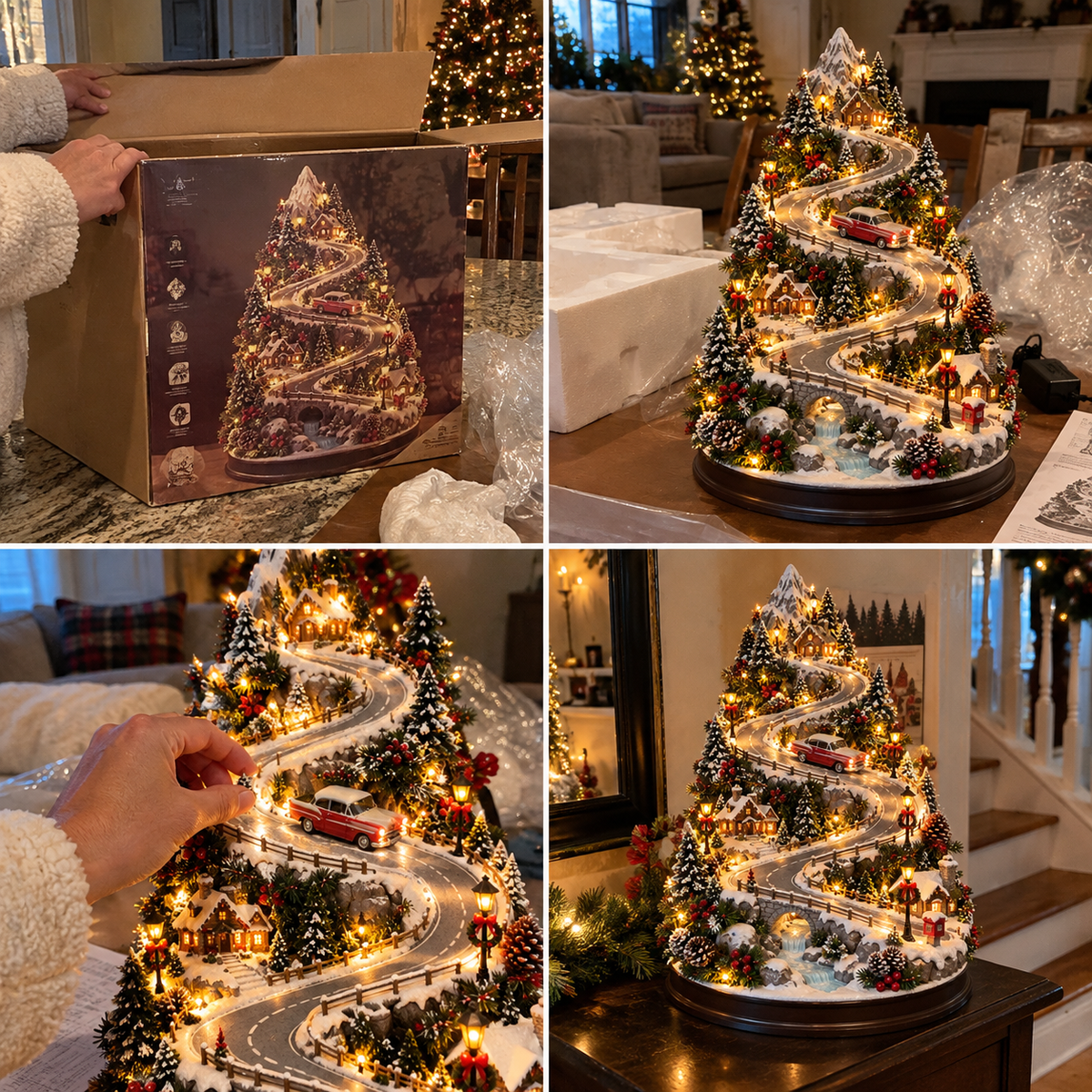 Christmas Mountain Village Tree – Snowy Alpine Road Tabletop Decor