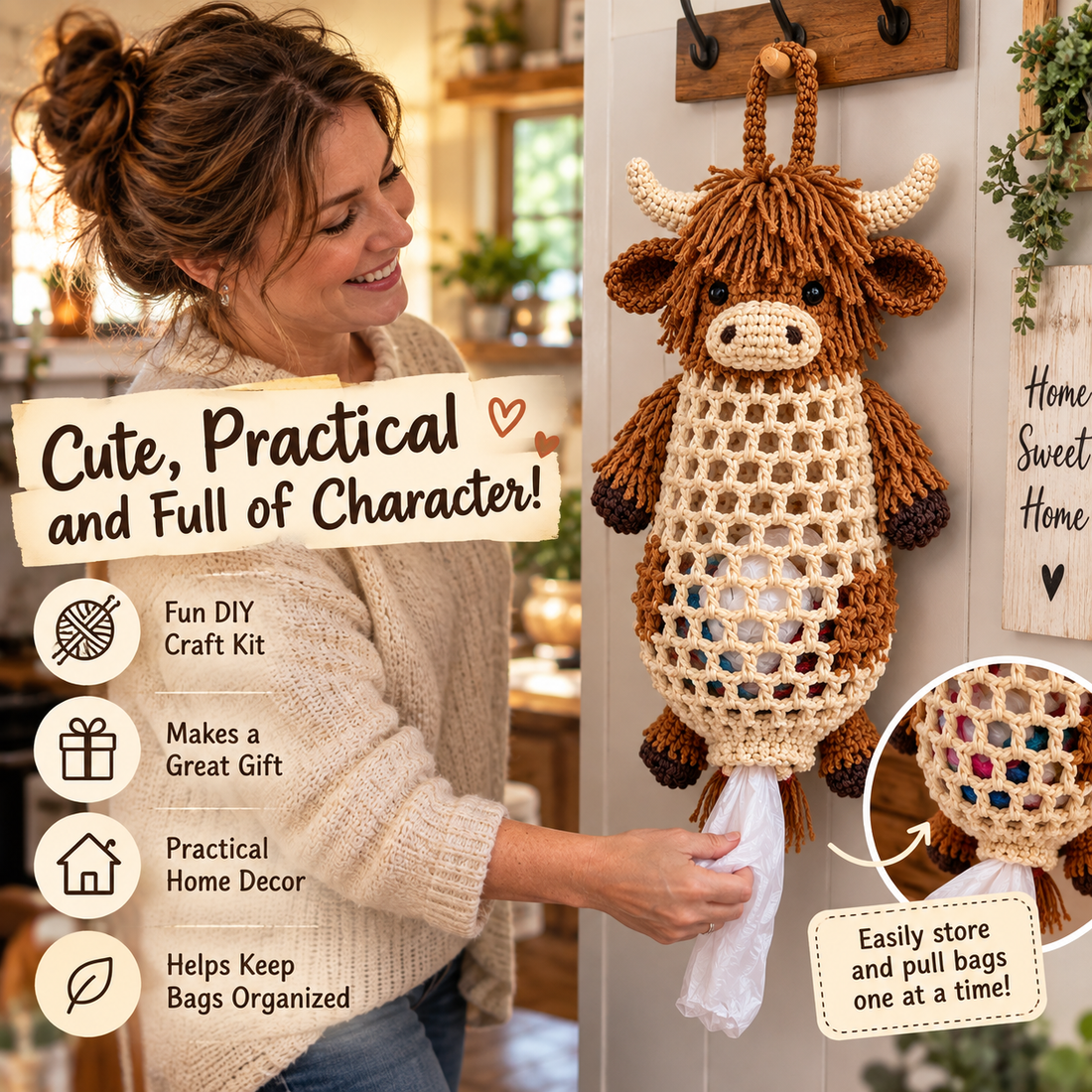 Woman removing plastic shopping bag from handmade Highland Cow crochet hanging bag holder