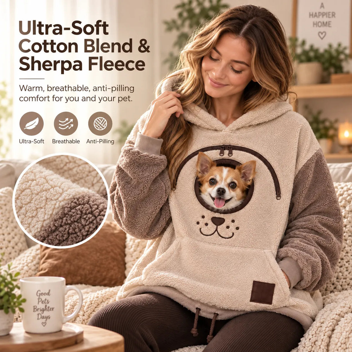 Soft fleece fabric detail of pet cuddle hoodie