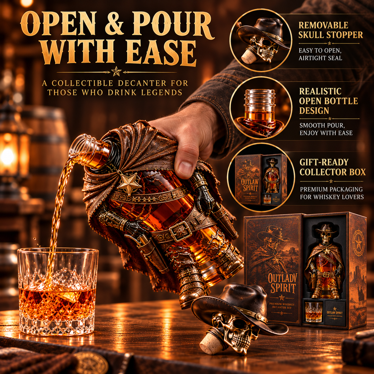 🤠💀 Outlaw Spirit Skeleton Cowboy Whiskey Decanter Gift Set 🥃