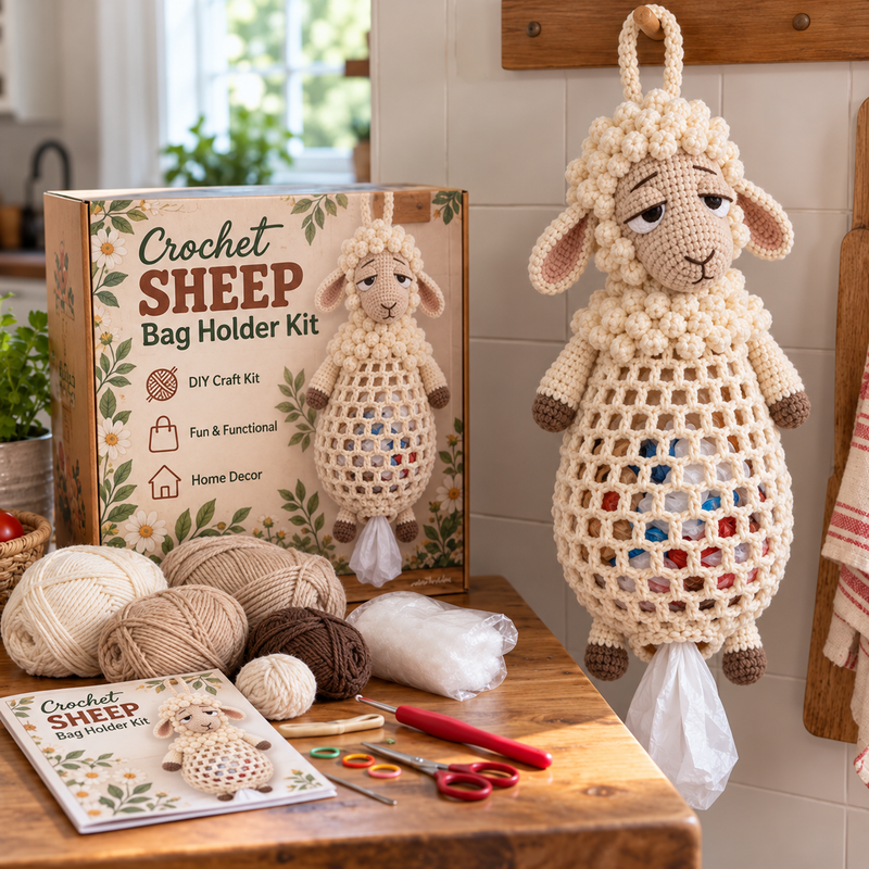 Sheep crochet bag holder DIY kit with textured cream wool and sleepy eyes