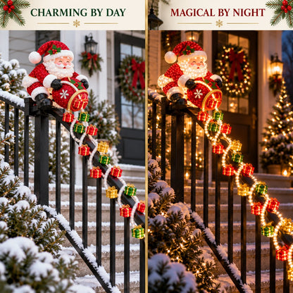 🎅🎁 Lighted Santa Gift Cascade Railing Décor