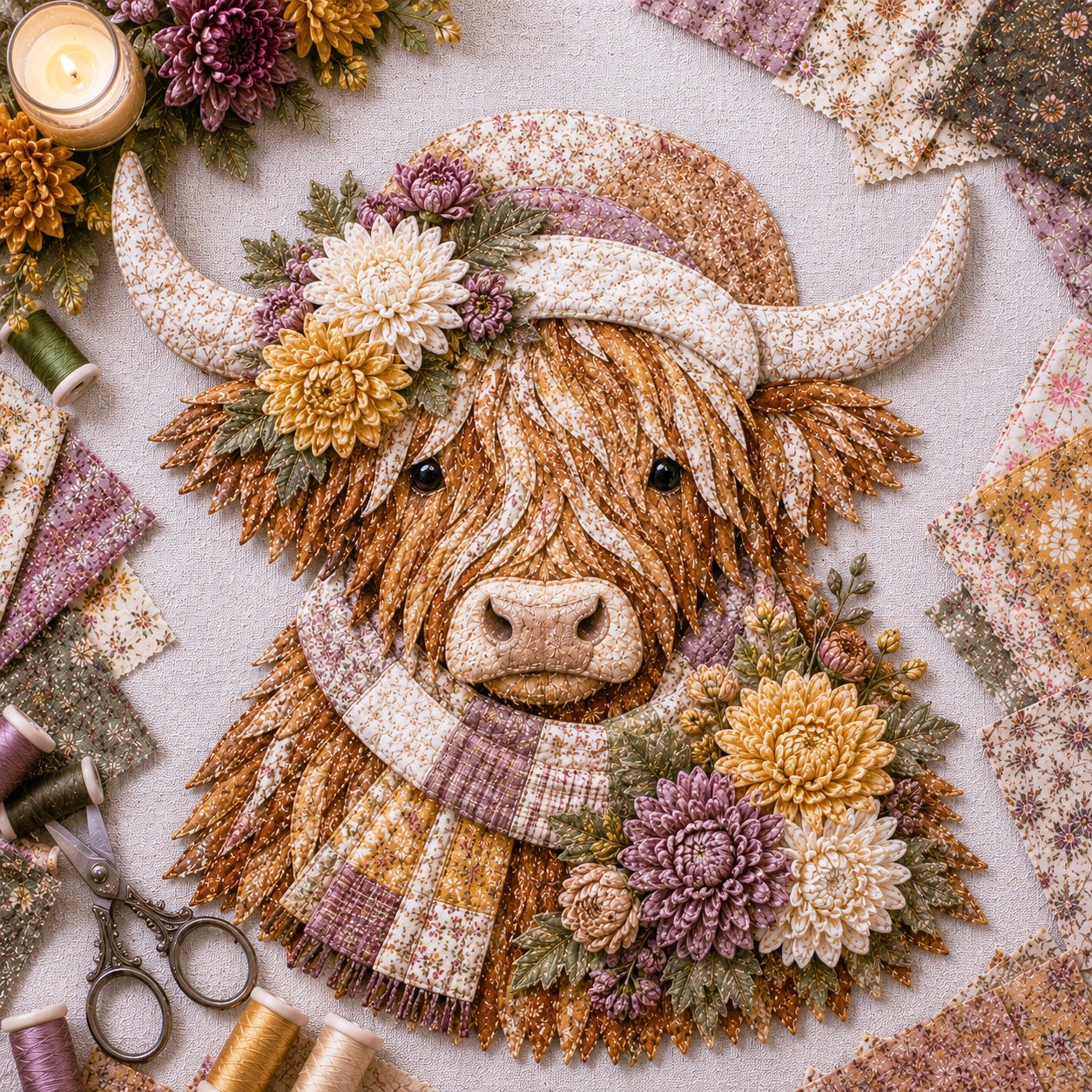 🐮💐🌸 Birth Flower Highland Cow 3D Layered Fabric Art DIY Kit (Beginner-friendly)