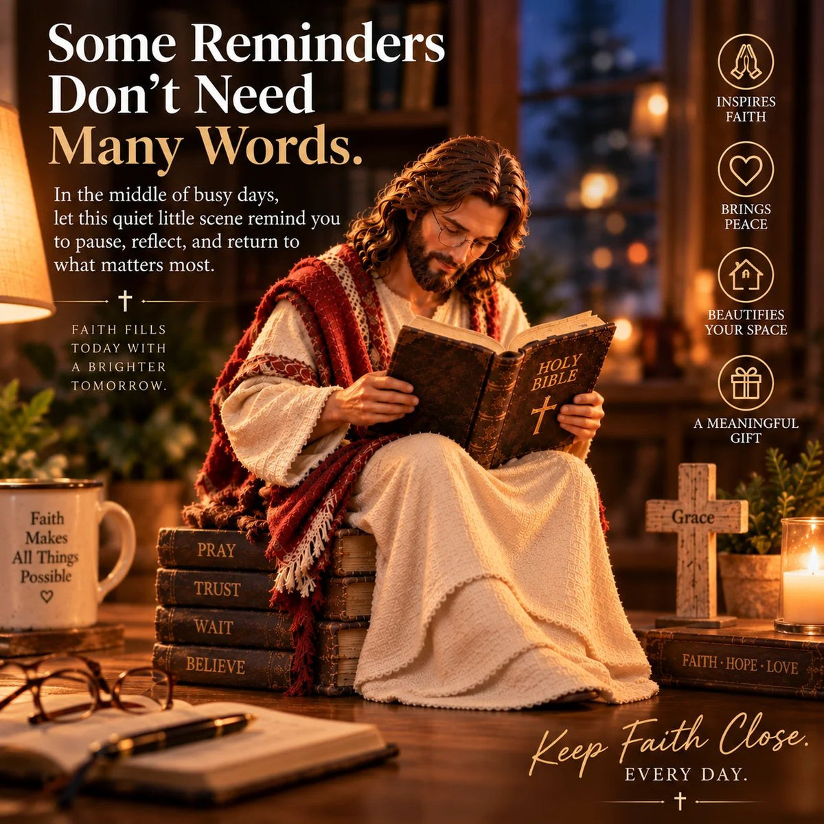 (🎁Last Day 49% OFF)✝️Keep Faith Close – Jesus Reading the Bible Figurine