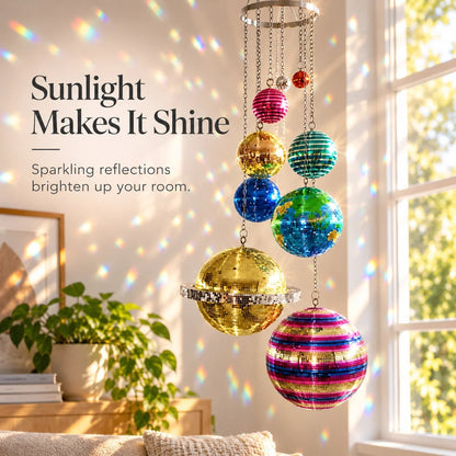 🌈 Solar System Disco Ball Hanging Mobile – Colorful Reflective Celestial Room Decor，10*26in