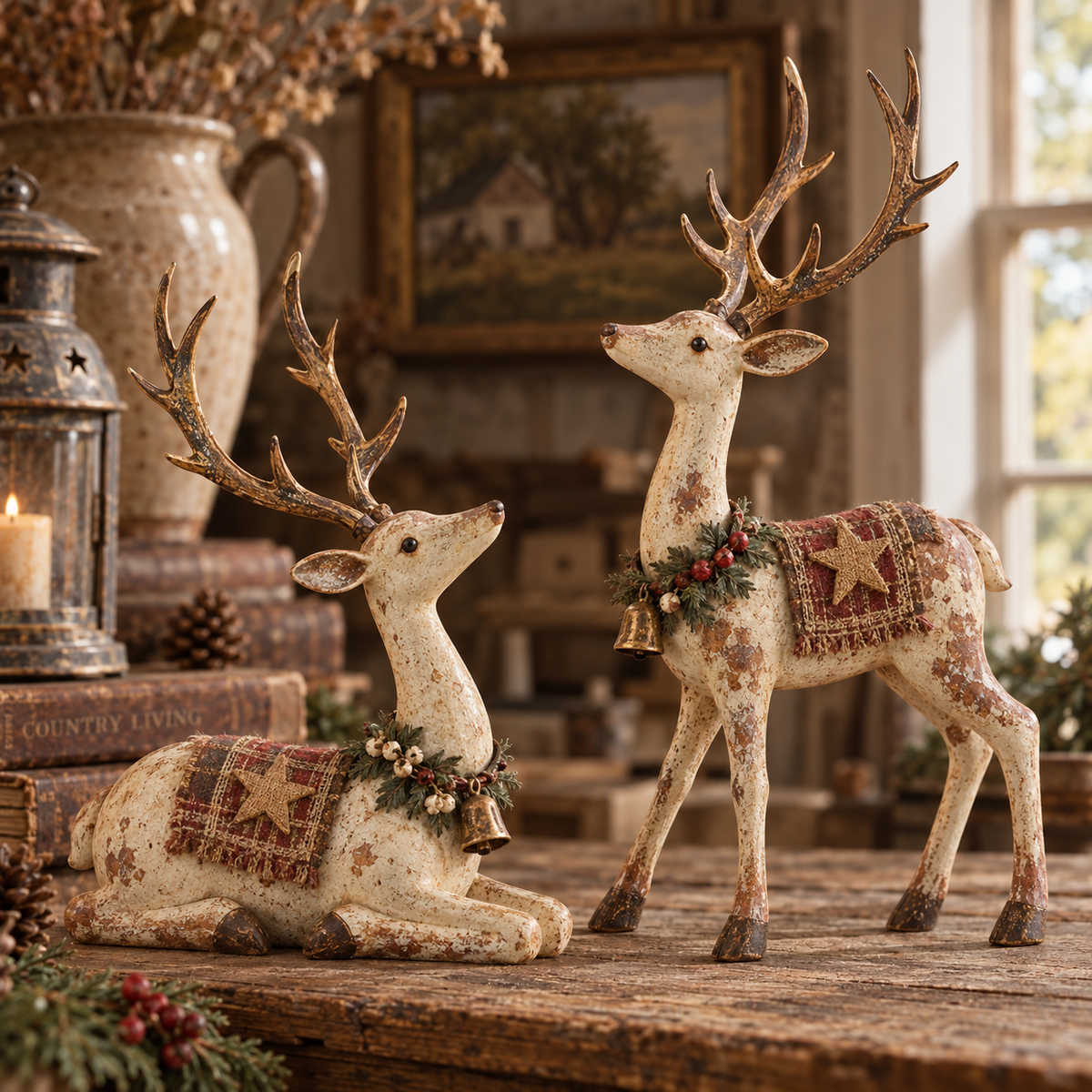 🦌✨ Rustic Farmhouse Reindeer Figurine Set 🎄🤎