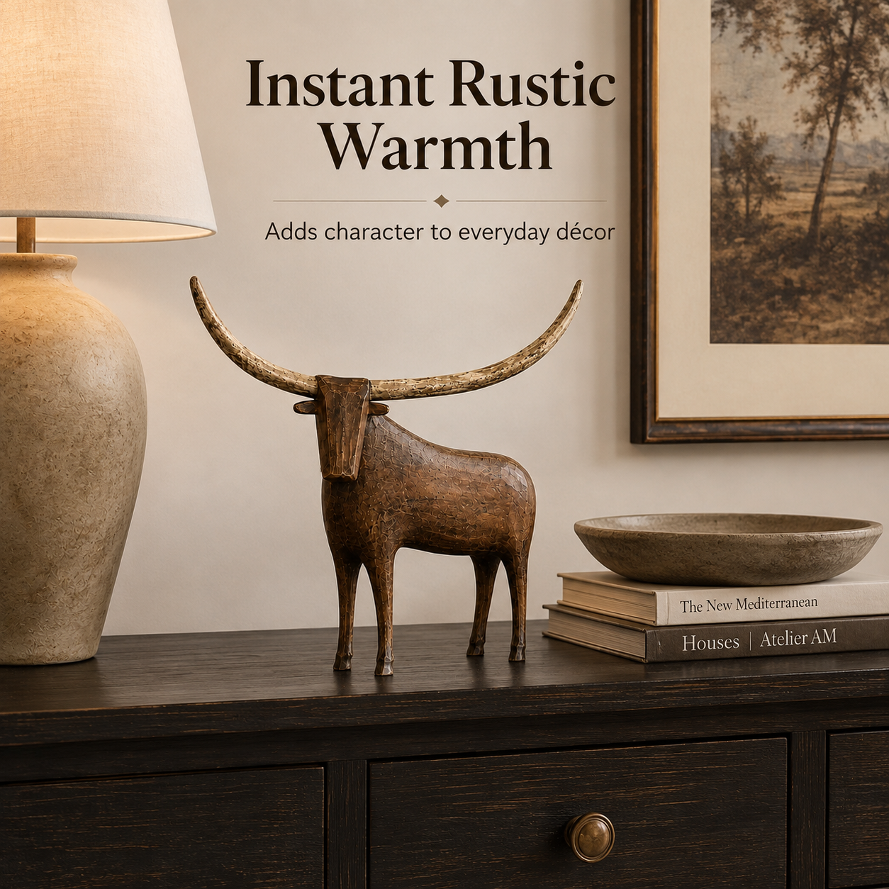🐂 Vintage Longhorn Sculpture – Antique-Inspired Western Home Accent