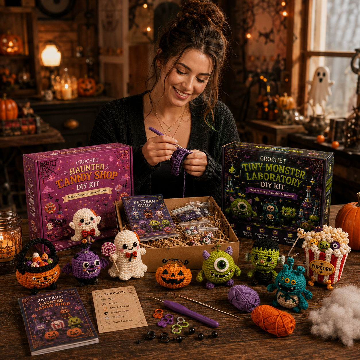 🎃 Creepy Cute Crochet Adventures — 9-Piece Halloween & Fantasy DIY Crochet Kit