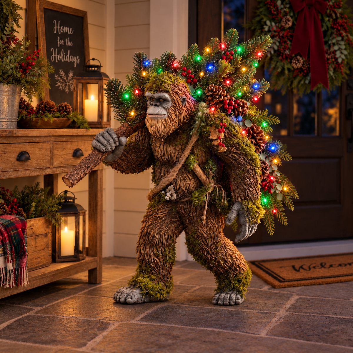 Woodland Sasquatch carrying a lighted Christmas tree
