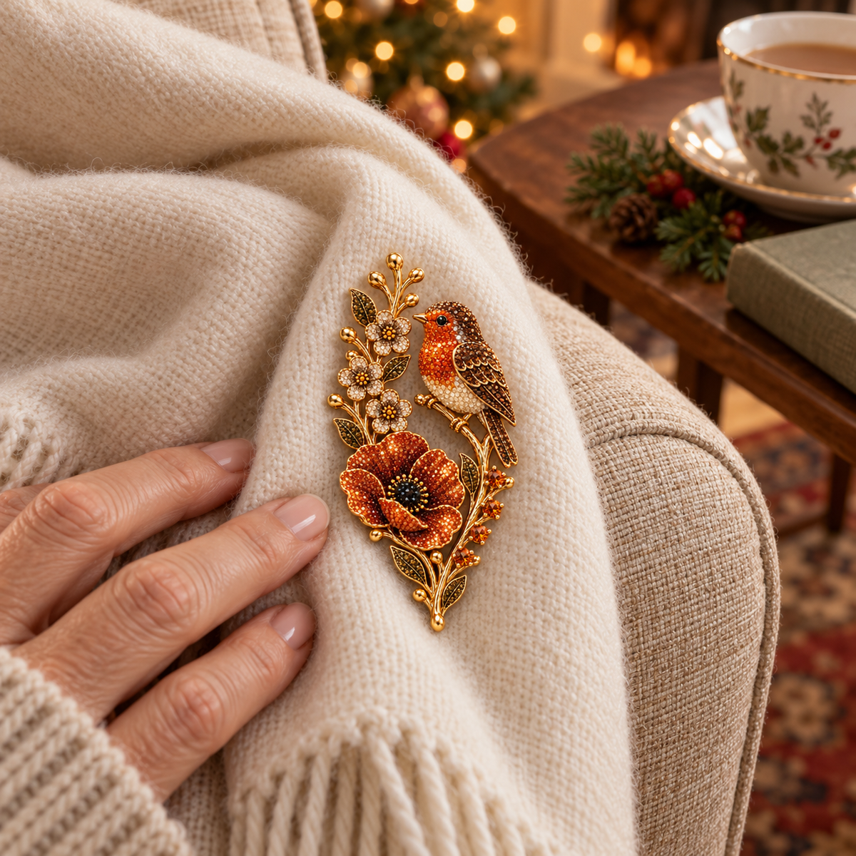 Close detail of robin poppy crystal brooch