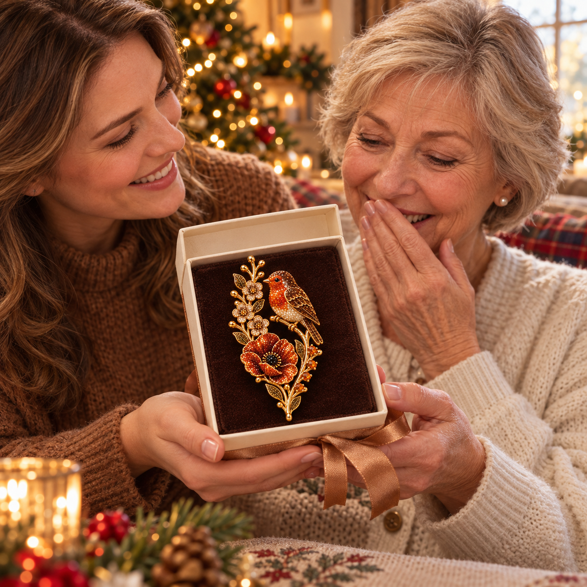 Robin and poppy brooch worn on clothing